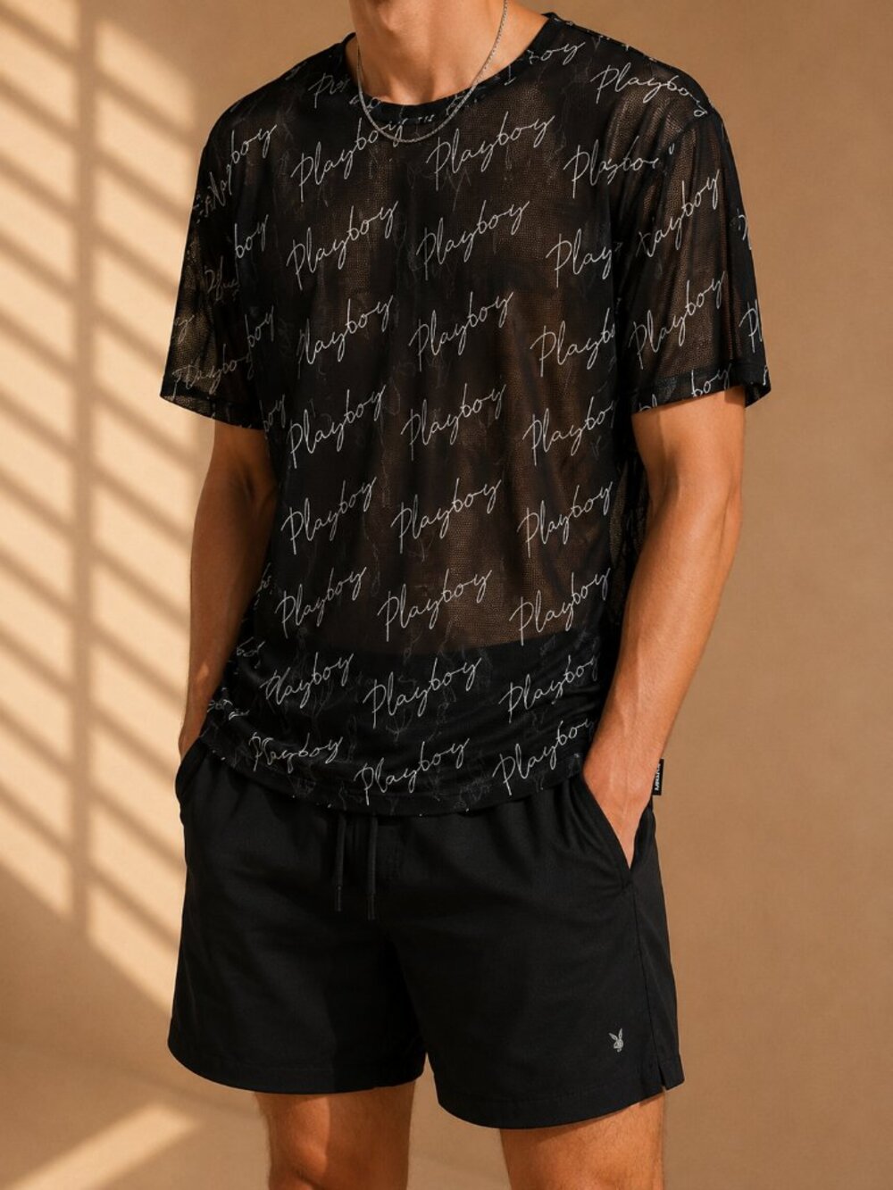 Playboy Script Print Mesh T-Shirt Black‎ Unisex (Men’s S)